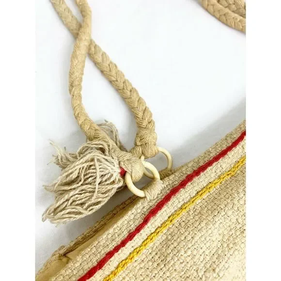 Vtg Bohemian Burlap Embroidered Tote Bag w/ Rope - Picture 3 of 5